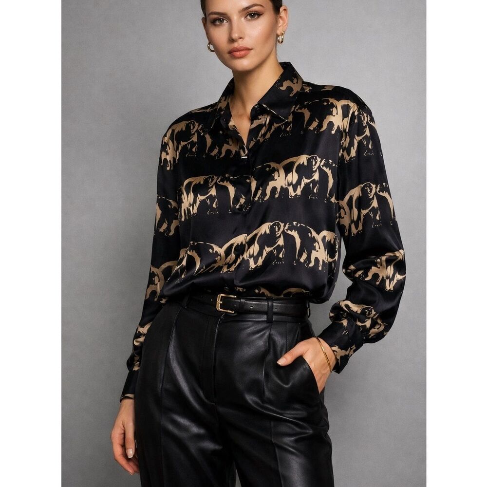 Ann May 100% silk bear print long sleeve blouse top size S